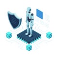 Isometric AI Cybersecurity Robot with Shield Protecting Data Royalty Free Stock Photo