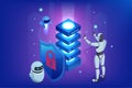 Isometric AI-powered robot ensuring information privacy through advanced cybersecurity measures. It enhances the
