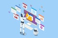 Isometric AI-powered robot ensuring information privacy through advanced cybersecurity measures. Features include secure