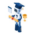 Isometric AI Robot with Graduation Cap and Diploma