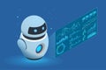 Isometric AI robot interacting with digital analytics interface, displaying KPIs, data insights AI-Driven Workflow. Big