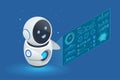 Isometric AI robot interacting with digital analytics interface, displaying KPIs, data insights AI-Driven Workflow. Big