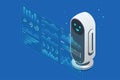 Isometric AI robot interacting with digital analytics interface, displaying KPIs and data insights. Robot analyzing data