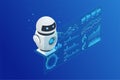 Isometric AI robot interacting with digital analytics interface, displaying KPIs and data insights. Robot analyzing data