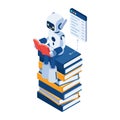 Isometric Ai Robot Reading on Stack of Books