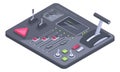 Isometric aircraft control panel. Spaceship dashboard with sliders, controllers, buttons 3d vector illustration on white