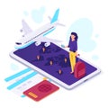 Isometric airplane travel. Traveler suitcase, airplane travels and traveling 3d vector illustration Royalty Free Stock Photo