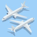 Isometric Airplanes on Blue Background. Industrial Blueprint of Airplane. Airliner in Top. Airplane E-Jet