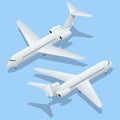 Isometric Airplanes on Blue Background. Industrial Blueprint of Airplane. Airliner in Top Airplane MD-90