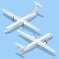 Isometric Airplanes on Blue Background. Turboprop Regional airliner. Industrial Blueprint of Airplane. Airliner ATR 42