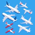 Isometric airplanes. Passenger jet airplane, private aircraft and airline plane. Aviation planes 3d isolated vector set