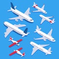 Isometric airplanes. Passenger jet airplane, private aircraft and airline plane. Aviation planes 3d isolated vector set Royalty Free Stock Photo