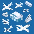 Isometric airport building, airplaines and transport at the airport vector set