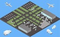 Isometric airport buildings, airplanes on the apron and runway