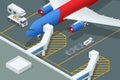 Isometric Airport embarking on airplanes Airbus. Air passengers during embarkation. Jet Bridge movable skybridge at