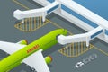 Isometric Airport embarking on airplanes Airbus. Air passengers during embarkation. Jet Bridge movable skybridge at