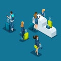 Isometric airport passengers pass passport control, business people with luggage are standing in line, business trip, vector illus