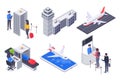 Isometric airport passengers. Tourism flight aircraft, business passenger with travel luggage suitcase vector