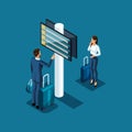 Isometric airport passengers watch the flight schedule and passport control plan, vector illustration Royalty Free Stock Photo