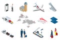 Isometric Airport Travel and transport Icons. Isolated people, airport terminal, airplane, traveler man and woman Royalty Free Stock Photo