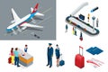 Isometric Airport Travel and transport Icons. Isolated people, airport terminal, airplane, traveler man and woman