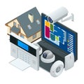 Isometric alarm system home. Home security. Security alarm keypad with person arming the system. Access, Alarm zones