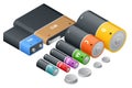 Isometric Alkaline Battery, Accumulators. Alkaline cylinder, accumulator and coin cells. Group of different size colour