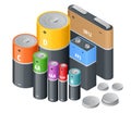 Isometric Alkaline Battery, Accumulators. Alkaline cylinder, accumulator and coin cells. Group of different size colour