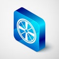 Isometric Alloy wheel for a car icon isolated on grey background. Blue square button. Vector Royalty Free Stock Photo