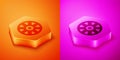 Isometric Alloy wheel for car icon isolated on orange and pink background. Hexagon button. Vector