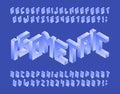 Isometric alphabet font. Simple 3d geometric letters and numbers in blue.