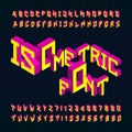 Isometric alphabet vector font. 3D bright letters and numbers on a dark background.