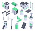Isometric alternative energy sources, solar battery and windmills. Green renewable energy, electric car and wind generators 3d