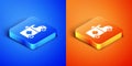 Isometric Ambulance and emergency car icon isolated on blue and orange background. Ambulance vehicle medical evacuation