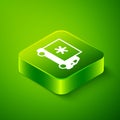Isometric Ambulance and emergency car icon isolated on green background. Ambulance vehicle medical evacuation. Green