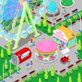 Isometric Amusement Park with Carousel Ferris Wheel and Children