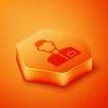 Isometric Analyst engineer icon isolated on orange background. Orange hexagon button. Vector