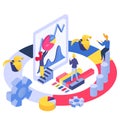 Isometric analytics business team, vector illustration. Flat people character analysis marketing chart and graph concept Royalty Free Stock Photo