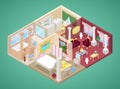 Isometric Apartment Interior in Classic Style with Kitchen, Living Room and Bathroom