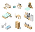 Isometric apartment isolated on white background. Kitchen, bedroom, living room and bathroom interior objects. Isometric