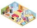 Isometric apartment layout, room interior in modern house, indoor plan view, vector illustration