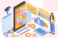 Isometric app development. Man stands near smartphone. Programmer and IT specialist developing program and application for Royalty Free Stock Photo