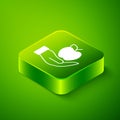 Isometric Apple icon isolated on green background. Excess weight. Healthy diet menu. Fitness diet apple. Green square