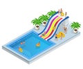 Isometric Aqua Park with water slides, water pool, people or visitors and palms. Vector illustration isolated on white