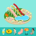 Isometric Aqua Park with Water Slides and Pool. Summer Vacation