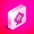 Isometric Aqualung icon isolated on pink background. Diving helmet. Diving underwater equipment. Silver square button