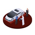 Isometric arab man buys modern electric car vector concept. Luxury auto salon illustration