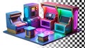 Isometric arcade room retro games neon lights gaming png transparent image Generative AI
