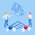 Isometric architect builders studying layout plan of the house, a civils engineers working with documents on Royalty Free Stock Photo