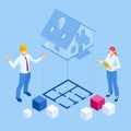 Isometric architect builders studying layout plan of the house, a civils engineers working with documents on